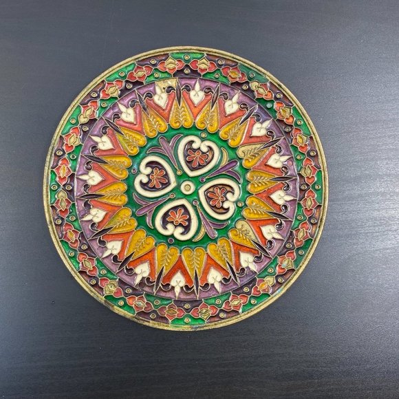 Vintage Ornate Enamel & Bronze Wall Ornament Plate, Smaltotex, Boho Chic Decor, - Picture 1 of 10
